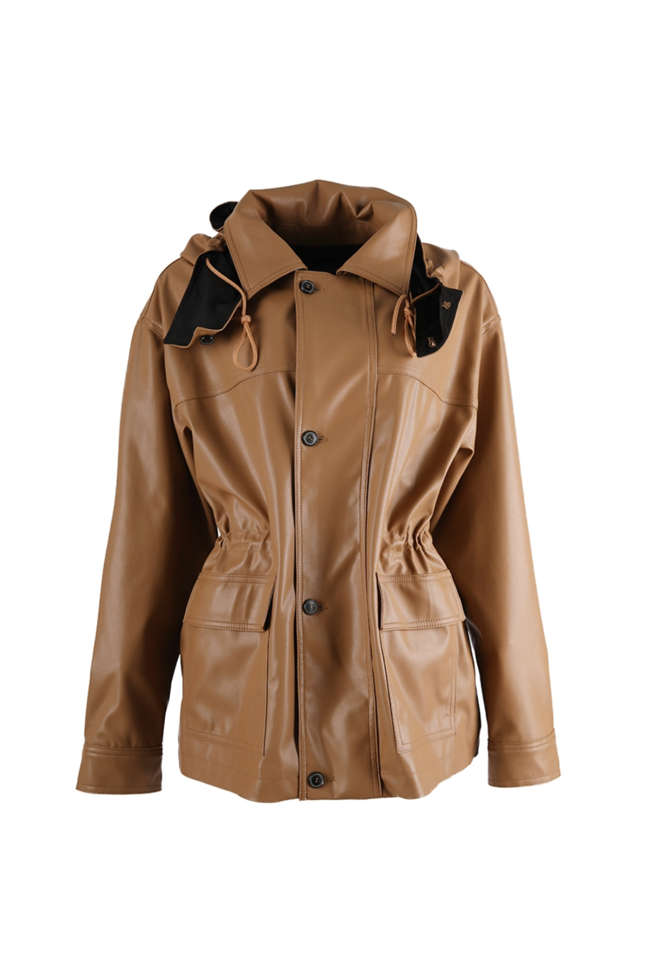 HIGH QUALITY LINE - Balloon  hooded leather coat (BROWN)
