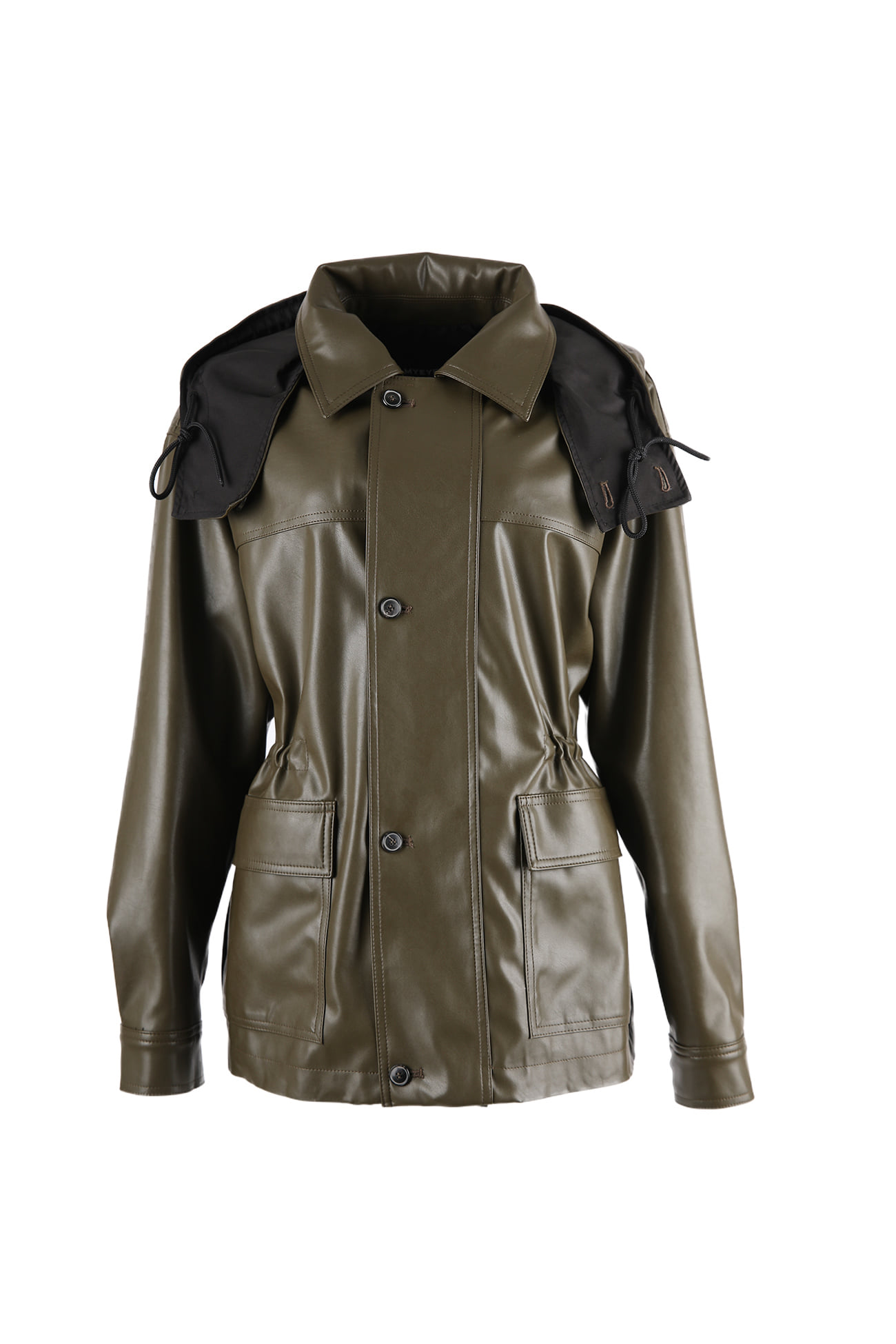 HIGH QUALITY LINE - Balloon hooded leather coat (KHAKI)