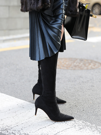 CLASSIC GRACE SKINNY STILETTO LONG BOOTS - BLACK SUEDE