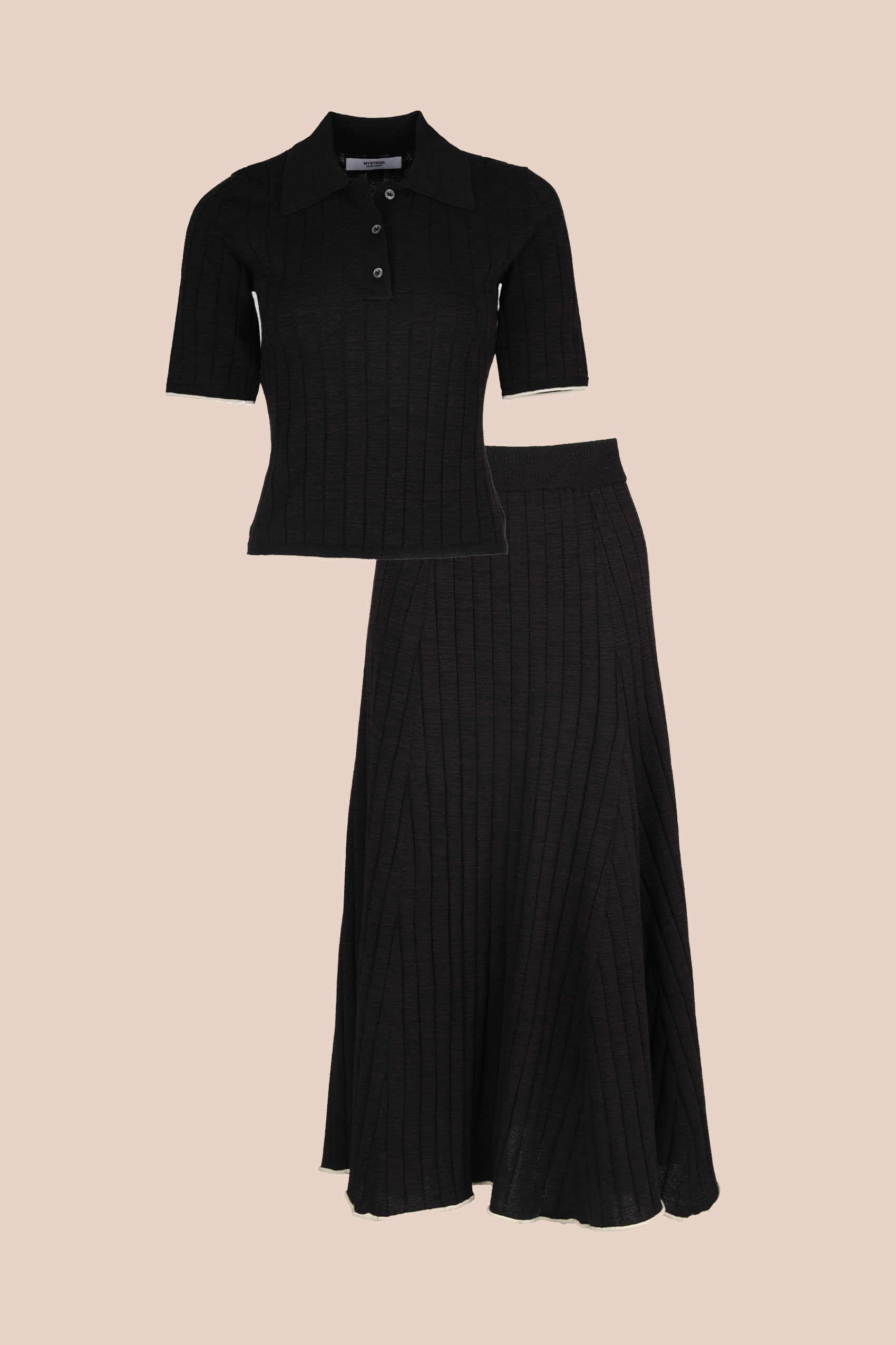 CLASSIC LINE - Ribbed Cotton-blend Knit shirts &amp; Skirt  Set