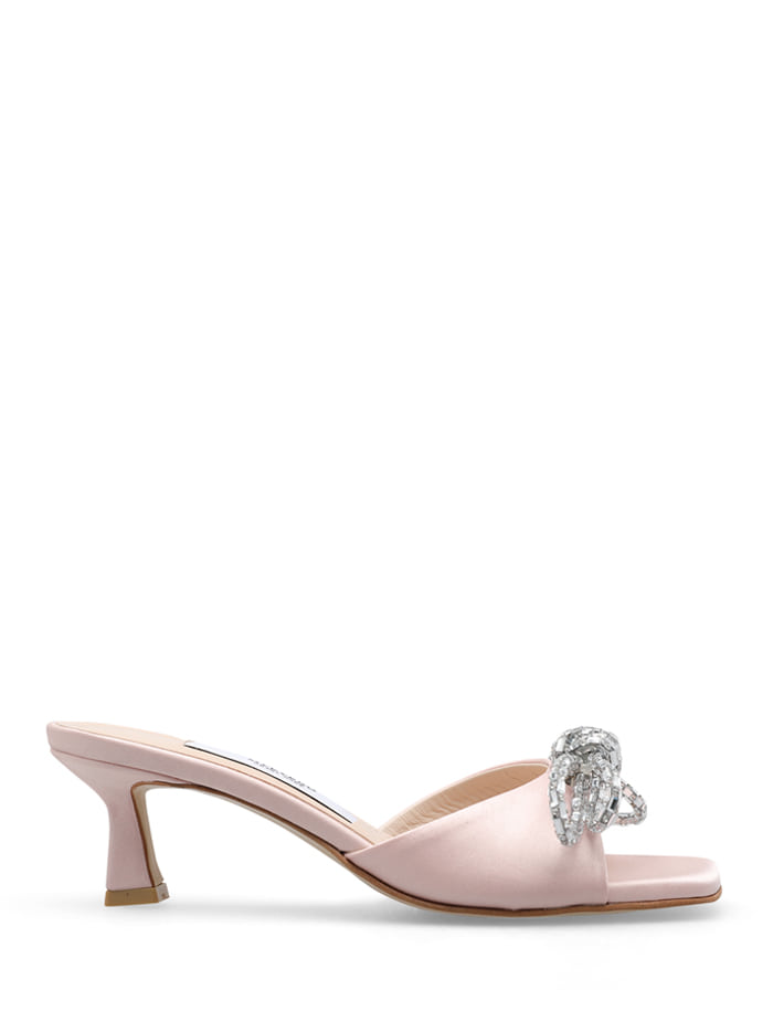 BOW CRYSTAL SATIN MULES - PALE PINK