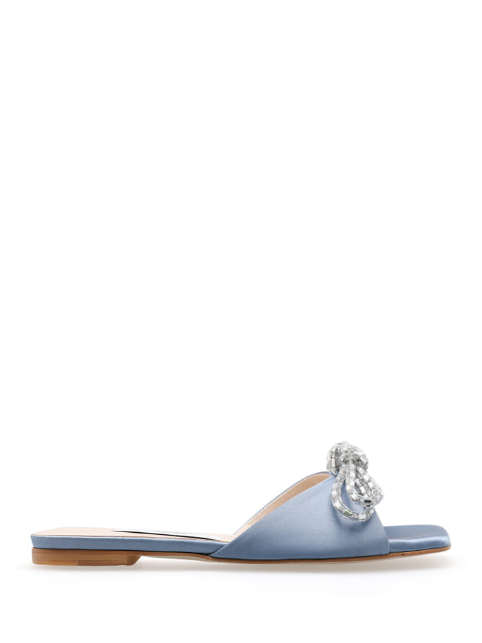 BOW CRYSTAL SATIN MULES - STEEL BLUE